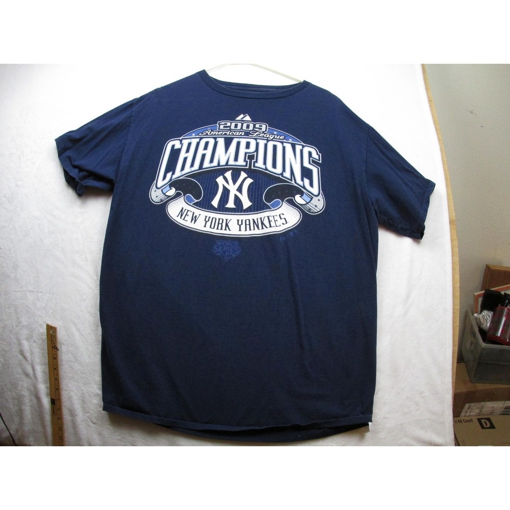 New York‎ Yankees Shirt Mens Large Blue MLB Baseball 2009 AL Champions Majestic